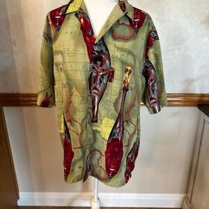 Men's Box Office Island Green and Red Graphic Casual Button Down Shirt size Med
